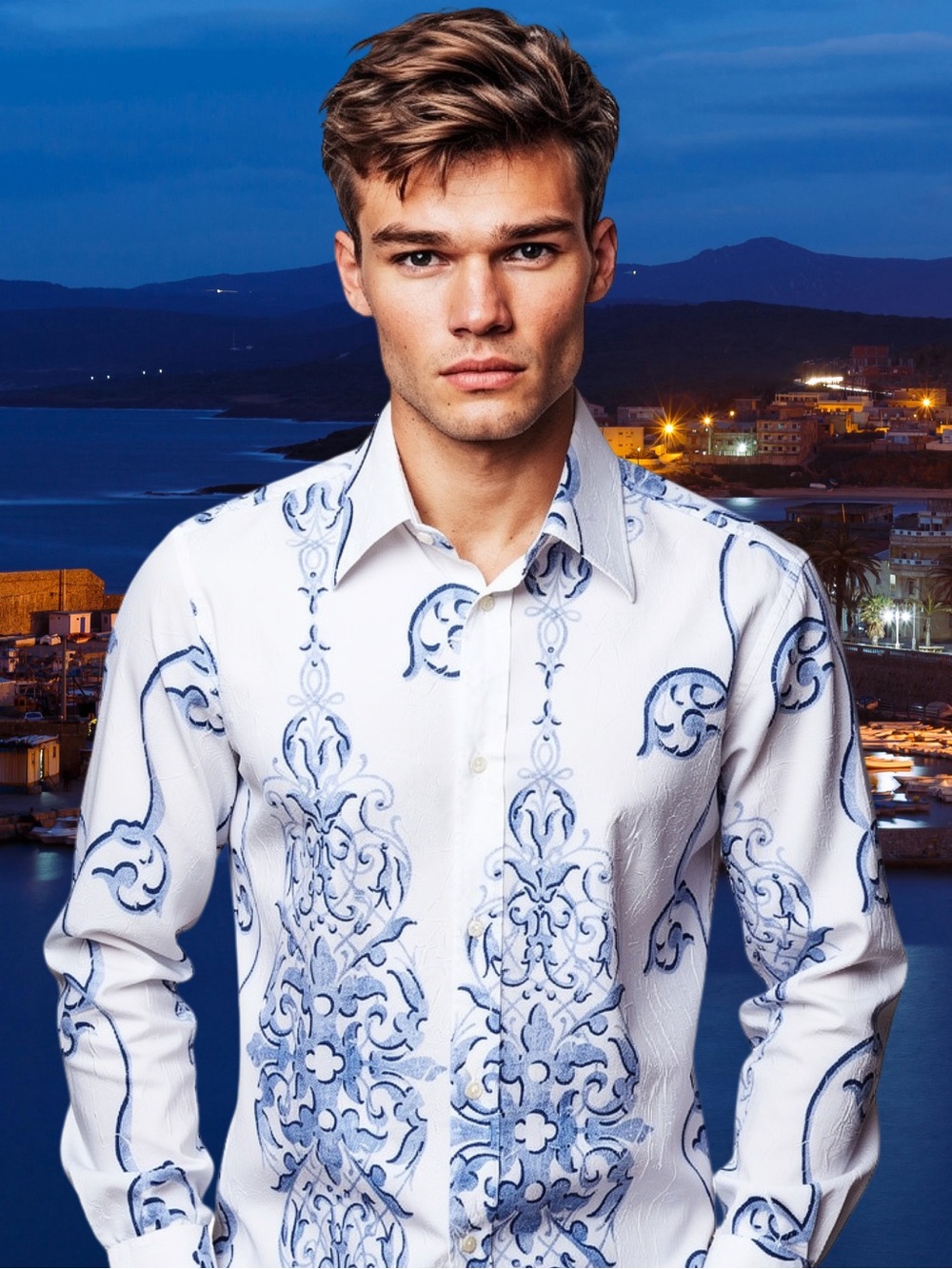 Chameleon Italy Baroque Print Crinkle Shirt Blue White Large Mediterranean Luxe